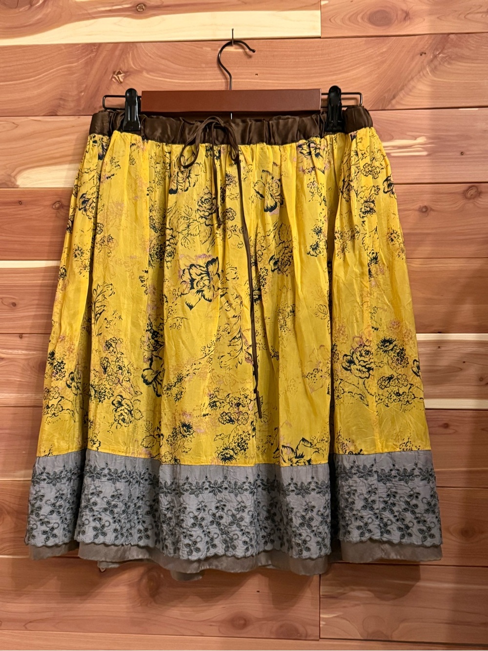 Johnny Was Yellow Floral A-Line Midi Skirt with Gray Border